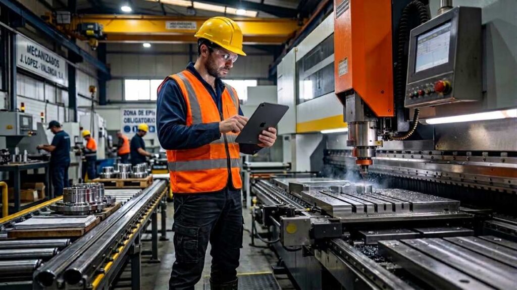 ingeniero industrial en una planta de procesos automáticos revisando la maquinaria